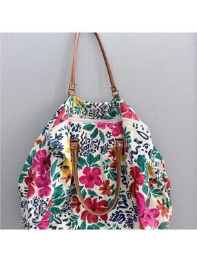 Floral Canvas Tote Bag genuine, leather straps